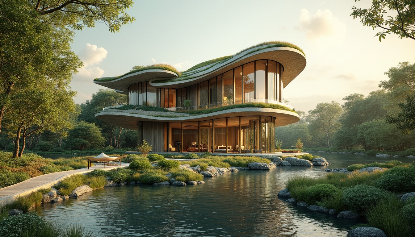 Prompt: Harmonious building facade, organic curves, natural stone cladding, lush green roofs, seamless integration, surrounding landscape, serene water features, walking paths, native plant species, soothing ambiance, warm golden lighting, shallow depth of field, 2/3 composition, atmospheric perspective, realistic textures, ambient occlusion.