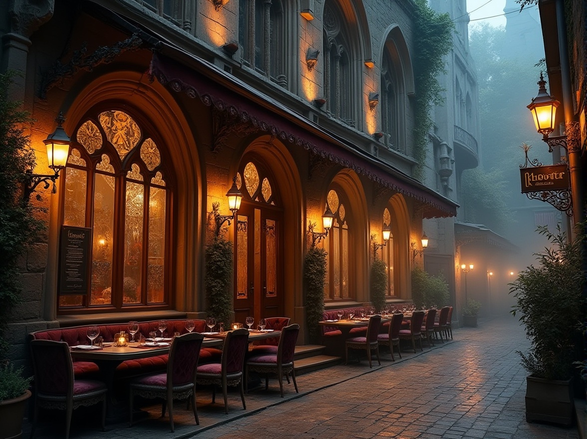 Prompt: Ornate restaurant facade, pointed arches, ribbed vaults, flying buttresses, stained glass windows, intricate stone carvings, grand entrance, heavy wooden doors, ornamental ironwork, mystical ambiance, warm golden lighting, dramatic shadows, rich textiles, luxurious upholstery, medieval-inspired furniture, mysterious atmosphere, foggy evening, narrow alleyway, ancient street lamps, Gothic Revival architecture, symmetrical composition, high contrast ratio, cinematic lighting.