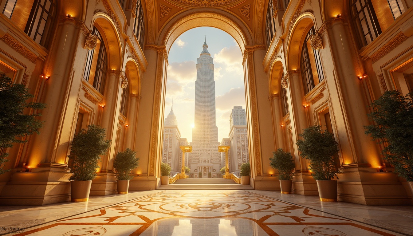 Prompt: Luxurious golden skyscraper, ornate Art Deco details, grand entranceways, opulent lobby spaces, marble flooring, intricate mosaics, metallic accents, gleaming glass towers, sun-kissed warm lighting, shallow depth of field, 1/1 composition, dramatic low-angle shot, realistic reflections, ambient occlusion.