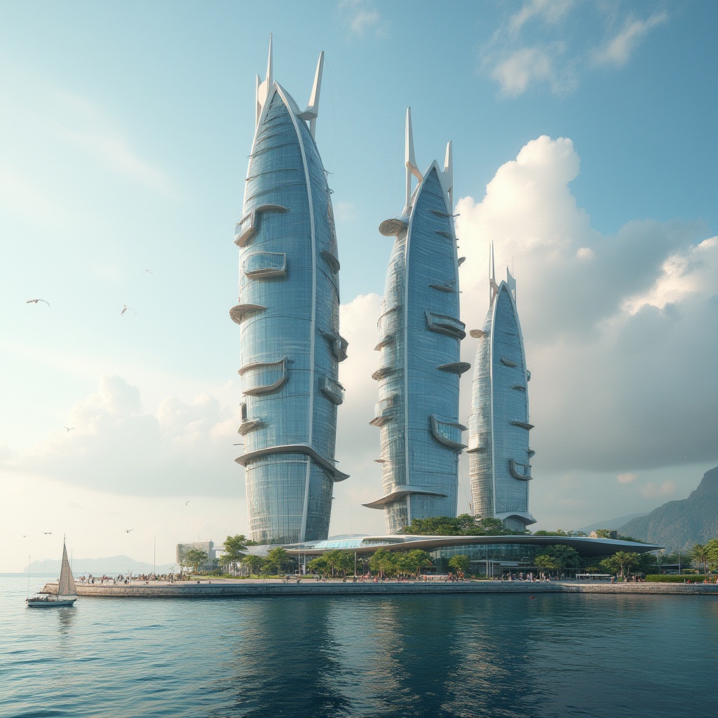 Prompt: Futuristic waterfront towers, curved sleek lines, reflective glass facades, cantilevered observation decks, ocean-inspired blueprints, wave-like rooftops, metallic accents, sustainable energy harvesting systems, wind turbines, solar panels, green roofs, eco-friendly materials, innovative cooling technologies, shaded outdoor spaces, misting systems, panoramic views, shallow depth of field, 3/4 composition, realistic textures, ambient occlusion, serene ocean atmosphere, sailboats, seagulls, sunny day, soft warm lighting.