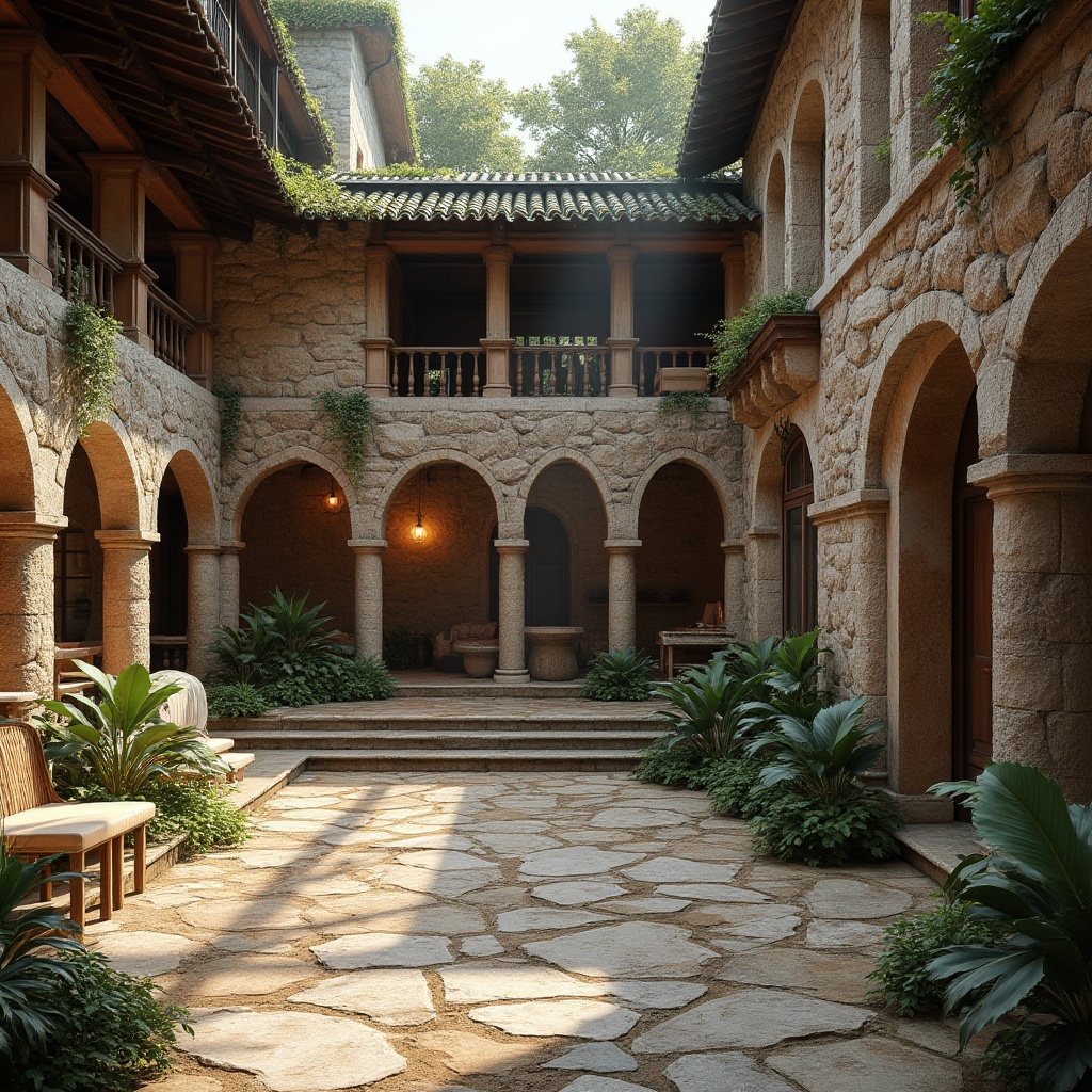 Prompt: Rustic stone walls, weathered wooden accents, rough-hewn granite columns, ornate metalwork, distressed brick facades, intricate tile mosaics, natural fiber textiles, earthy color palette, organic forms, curved lines, asymmetrical structures, lush green roofs, overhanging eaves, dramatic skylights, warm ambient lighting, high-contrast shadows, shallow depth of field, 2/3 composition, realistic material textures, subtle ambient occlusion.