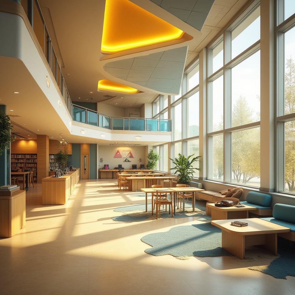 Prompt: Vibrant educational institution, modern architecture, warm beige walls, rich wood accents, calming blue tones, energetic yellow highlights, comfortable seating areas, collaborative learning spaces, natural light-filled classrooms, minimalist decorative elements, subtle texture contrasts, soft warm lighting, shallow depth of field, 3/4 composition, realistic renderings, ambient occlusion.