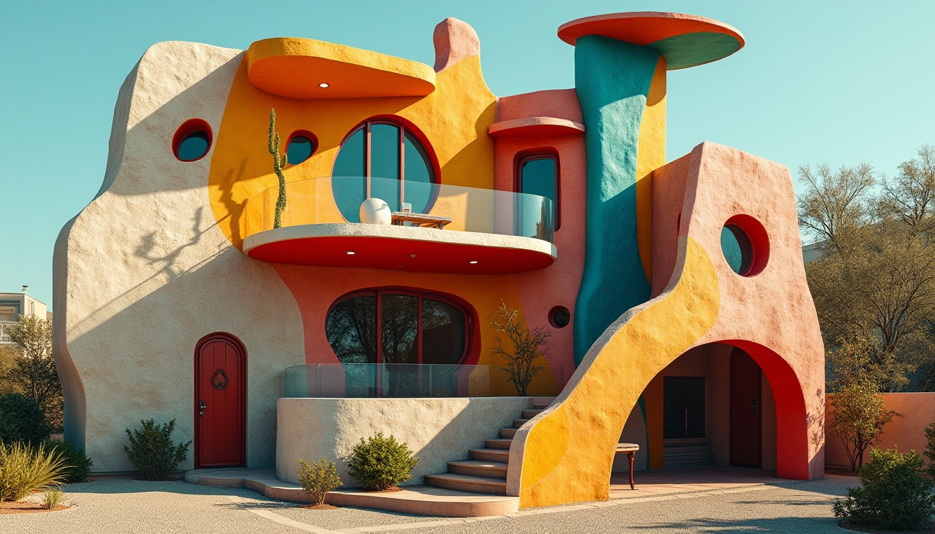 Prompt: Vibrant postmodernist house, playful asymmetrical facade, irregular shapes, bold color blocking, abstract patterns, eclectic mix of materials, rough-textured stucco walls, smooth glass surfaces, curved lines, ornate metal decorations, irregularly-shaped windows, fragmented forms, deconstructivist architectural elements, surrealistic ambiance, dramatic shadows, high-contrast lighting, 1/1 composition, close-up shot, realistic textures, ambient occlusion.