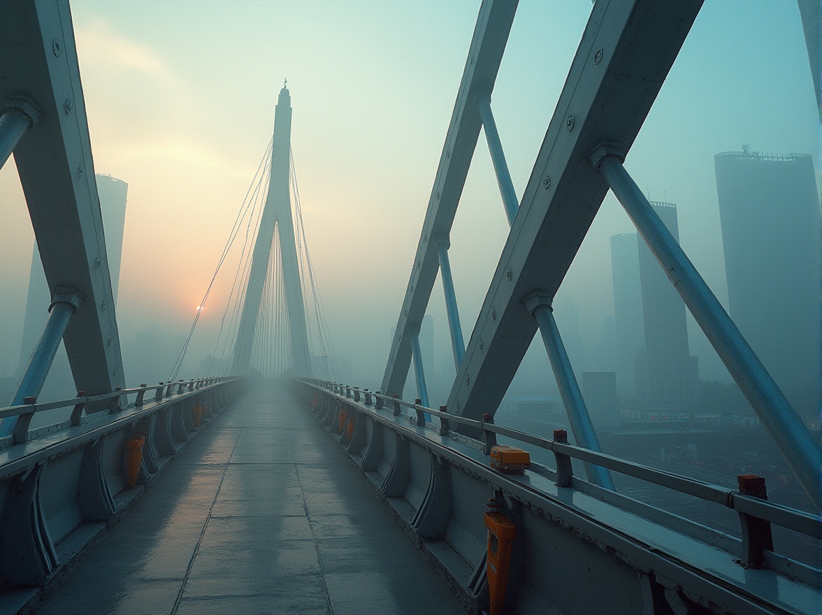 Prompt: Sleek modern bridge, silver steel beams, geometric shapes, urban cityscape, misty morning light, soft warm glow, shallow depth of field, 1/2 composition, atmospheric perspective, realistic metallic textures, ambient occlusion, industrial materials, concrete piers, cable-stayed suspension, asymmetrical design, vibrant blue accents, neon green highlights, dark grey undertones, weathered steel patina.