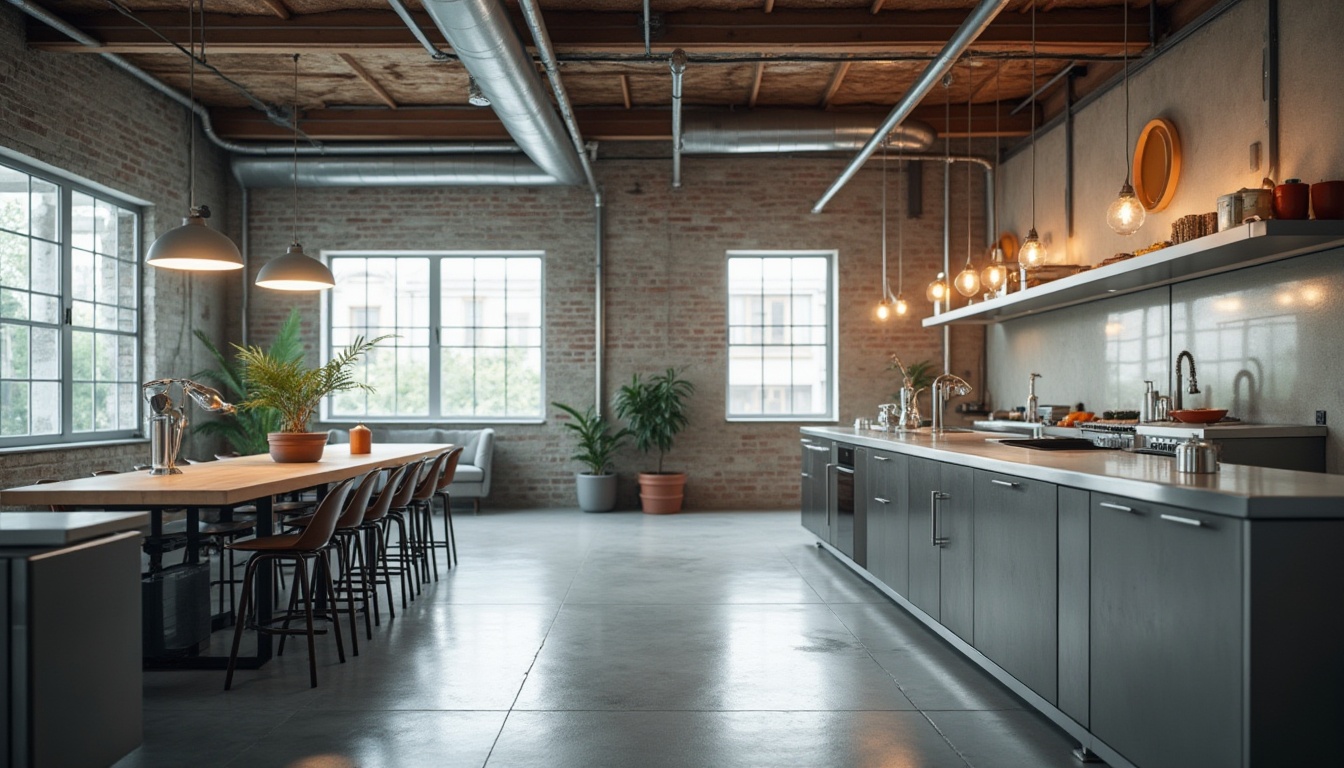 Prompt: Industrial chic interior, polished aluminum surfaces, metallic reflections, sleek modern lines, minimalist decor, functional lighting fixtures, silver-toned accents, brushed metal textures, subtle color palette, high-ceiling loft space, urban atmosphere, natural light pouring in, 1/2 composition, shallow depth of field, soft warm glow.