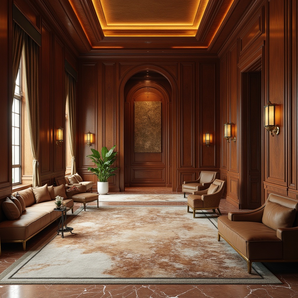 Prompt: Luxurious interior space, rich wood textures, polished marble floors, velvety soft carpets, metallic accents, high-gloss finishes, premium leather upholstery, sturdy wooden furniture, ornate decorative moldings, sophisticated color palette, warm ambient lighting, shallow depth of field, 1/1 composition, realistic reflections, detailed normal maps.