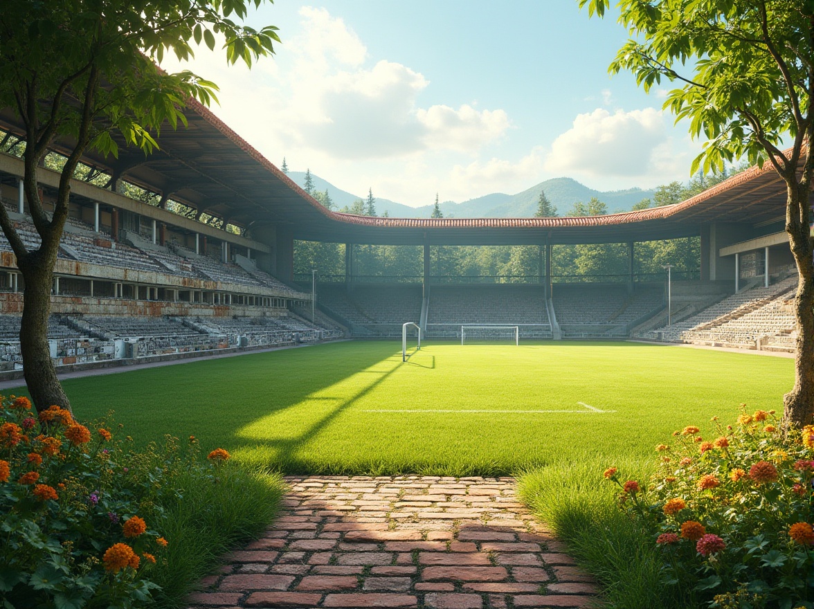 Prompt: Rustic sports field, weathered stone walls, lush green grass, vibrant wildflowers, worn brick pathways, wooden bleachers, steel goalposts, natural earth tones, distressed wood textures, warm sunny day, soft diffused lighting, shallow depth of field, 3/4 composition, panoramic view, realistic shadows, ambient occlusion.