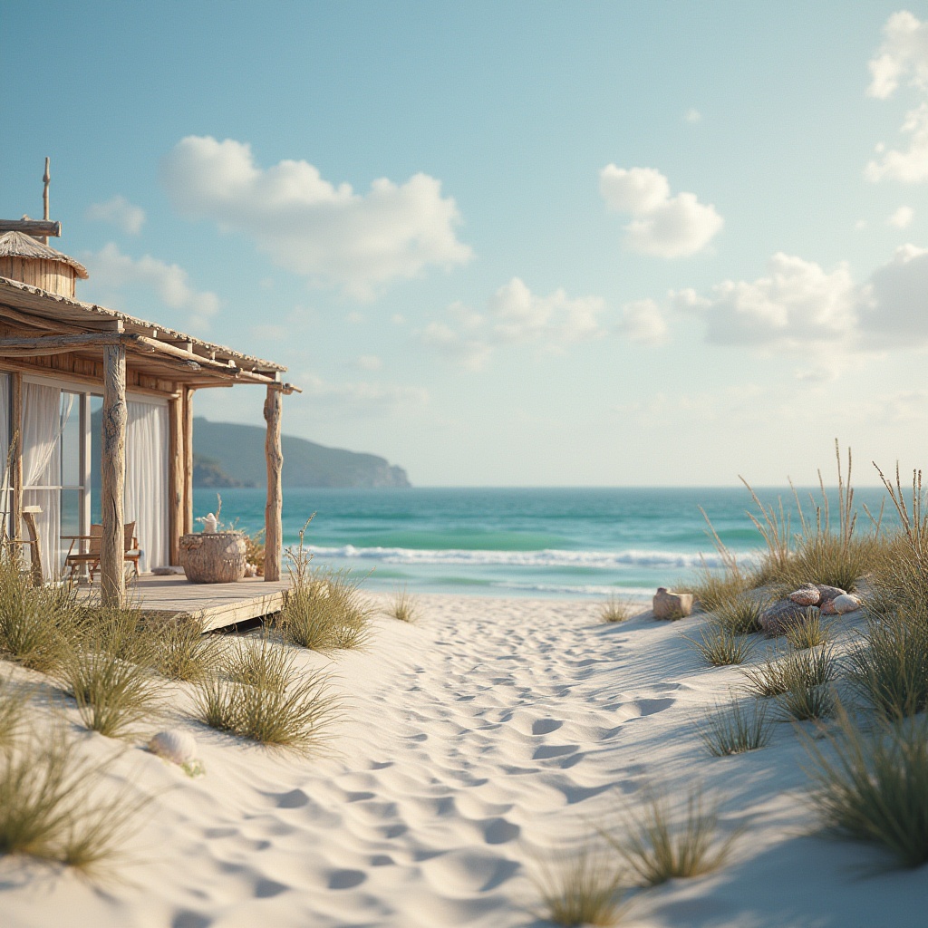 Prompt: Warm sandy beach, seaside villas, ocean-inspired color scheme, calming blues and whites, natural wood accents, driftwood textures, nautical ropes, seashell decorations, soft pastel hues, misty morning light, shallow depth of field, 1/1 composition, realistic renderings, ambient occlusion.