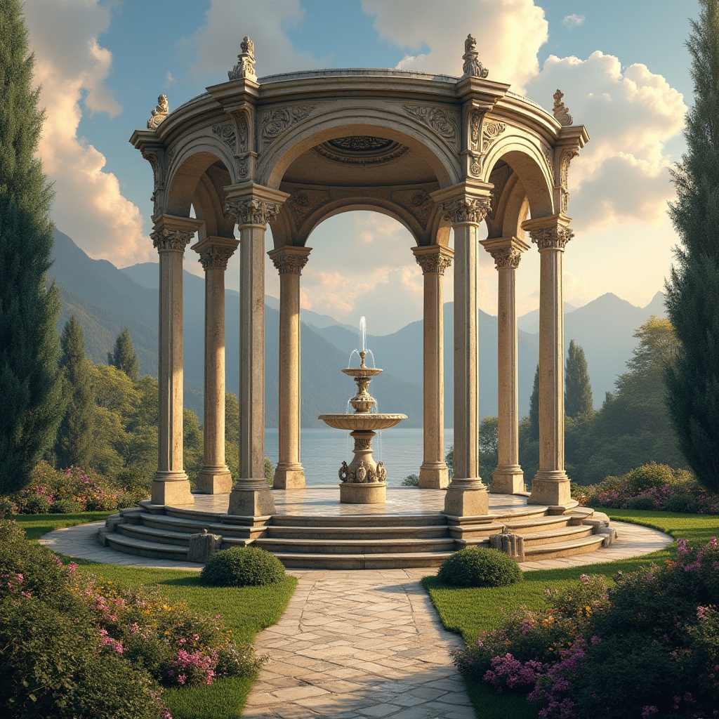 Prompt: Majestic classical pavilion, intricately carved stone columns, ornate fountain features, lush greenery, vibrant flowers, meandering walkways, serene lake reflections, majestic mountain ranges, dramatic cloudy skies, warm golden lighting, 1/2 composition, symmetrical balance, realistic textures, ambient occlusion, soft focus effect, natural material palette, earthy color tones, subtle weathering effects.