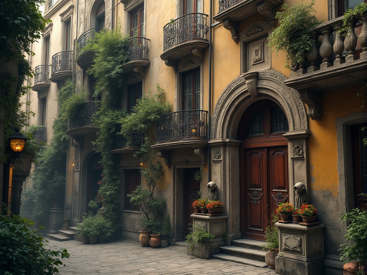 Prompt: Intricate stone carvings, ornate balconies, grand archways, delicate ironwork, soft warm lighting, rich textures, vintage European-inspired architecture, distressed finishes, rustic wooden doors, aged copper accents, lush greenery, overflowing flower boxes, whimsical gargoyles, mystical statues, dreamy misty atmosphere, 1/1 composition, shallow depth of field, cinematic view.