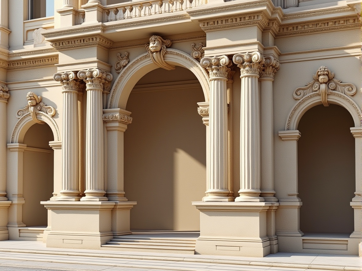 Prompt: Ornate columns, carved stone capitals, grand archways, symmetrical fa\u00e7ades, decorative cornices, intricately designed pediments, ornamental balustrades, rusticated bases, fluted pilasters, curved volutes, acanthus leaf motifs, egg-and-dart moldings, dentil courses, modillion blocks, smooth limestone surfaces, warm beige tones, soft natural lighting, subtle shadows, 1/1 composition, realistic textures, ambient occlusion.