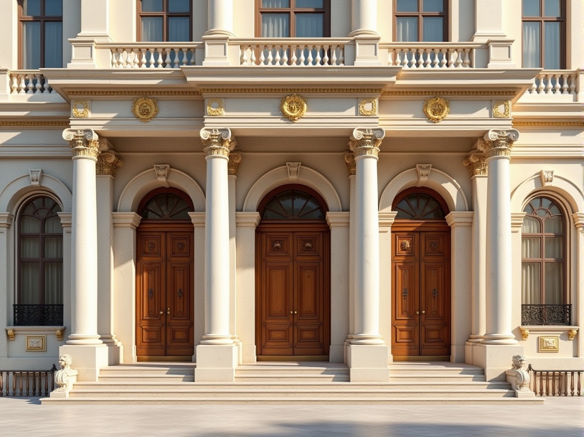 Prompt: Neoclassical building facade, creamy white marble columns, ornate golden details, soft beige stone walls, rich brown wooden doors, subtle copper accents, elegant black iron railings, majestic granite pedestals, refined terracotta rooftops, symmetrical architecture, grand entranceways, dramatic arches, classical pediments, warm sunlight, gentle shadows, 1/1 composition, high-contrast lighting, realistic textures, ambient occlusion.