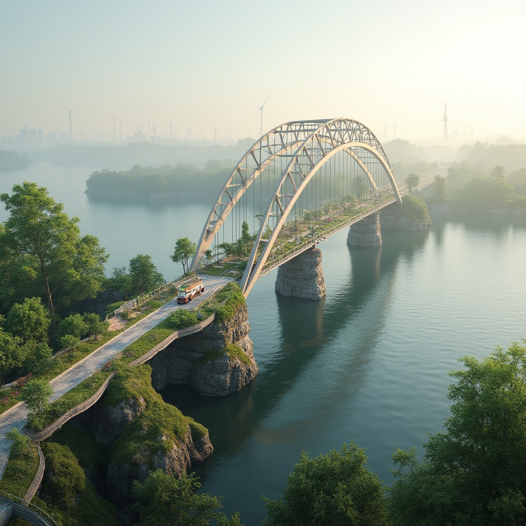 Prompt: Eco-friendly bridge structure, curved lines, green roofs, solar panels, wind turbines, recyclable materials, reduced carbon footprint, minimalist design, natural stone foundations, steel beams, cable-stayed systems, suspension bridges, arch-shaped bridges, waterfront scenery, serene river views, misty mornings, soft warm lighting, shallow depth of field, 3/4 composition, panoramic view, realistic textures, ambient occlusion.