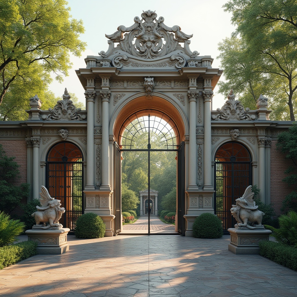 Prompt: Grand zoo entrance, ornate stone carvings, majestic archways, intricate ironwork, rustic brick walls, vibrant greenery, exotic animal sculptures, elegant fountain features, natural stone paving, classic columns, symmetrical facades, subtle texture details, warm afternoon sunlight, soft shadowing, 1/2 composition, realistic renderings, ambient occlusion.