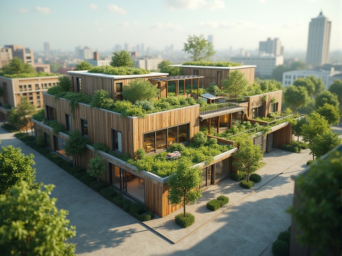 Prompt: Eco-friendly building integration, lush green roofs, solar panels, wind turbines, rainwater harvesting systems, natural stone walls, reclaimed wood facades, large windows, minimal carbon footprint, zero-waste design, biodiversity conservation, native plant species, organic gardens, composting facilities, recycling centers, energy-efficient systems, smart grid infrastructure, electric vehicle charging stations, green spaces, public art installations, educational signage, wayfinding systems, accessible pedestrian paths, adaptive reuse, historic building preservation, contextual urban planning, 1/1 composition, soft natural lighting, shallow depth of field.