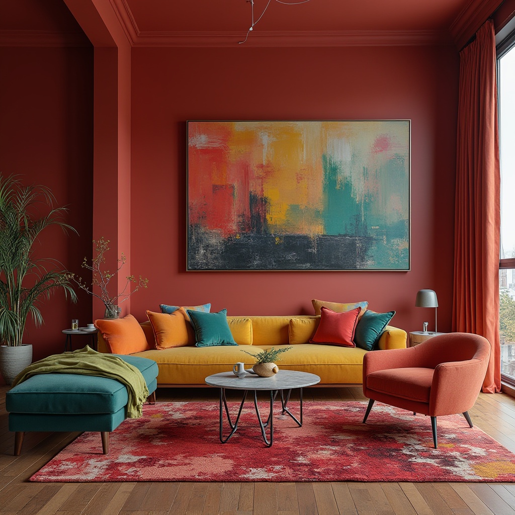 Prompt: Vibrant color accents, bold personality, modern interior design, sleek furniture, statement pieces, abstract artwork, geometric patterns, rich textures, luxurious fabrics, metallic finishes, warm ambiance, softbox lighting, 2/3 composition, shallow depth of field, cinematic atmosphere.