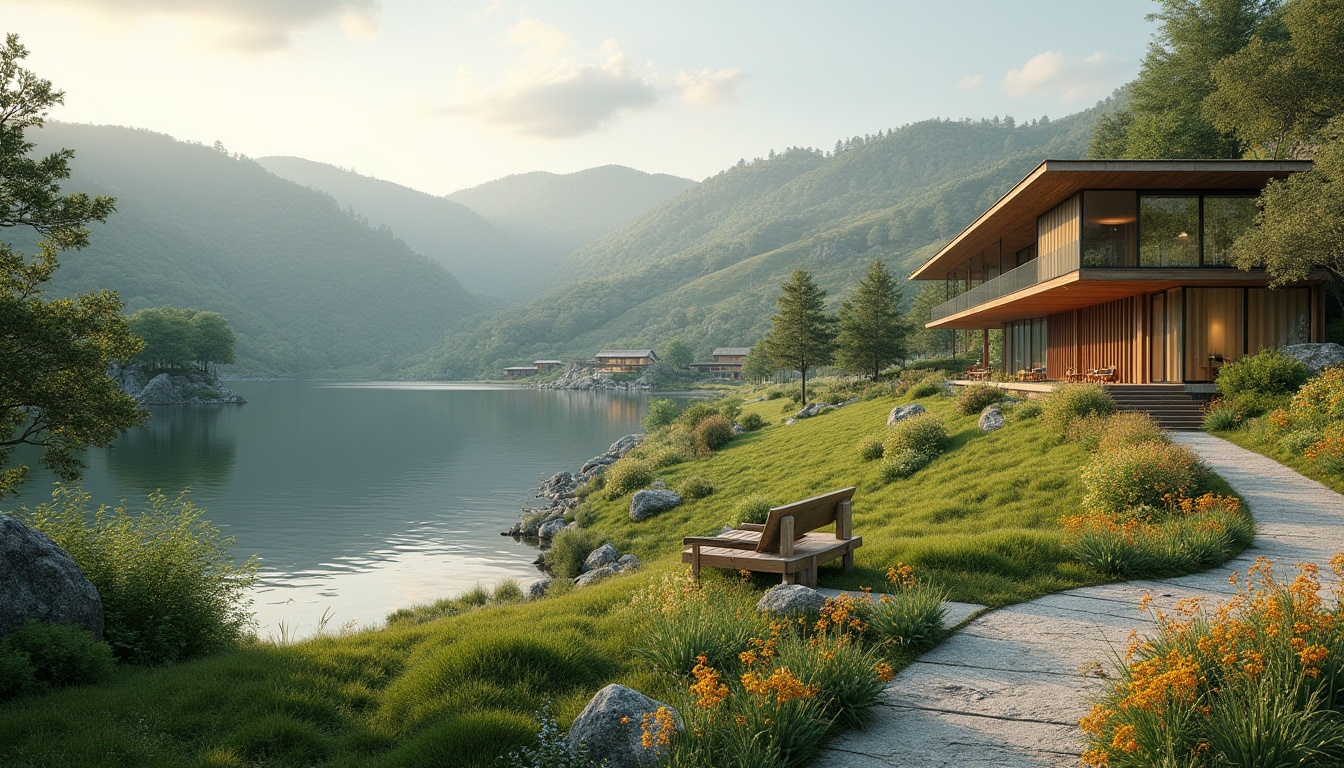 Prompt: Rolling hills, serene lakeside, lush greenery, vibrant wildflowers, meandering pathways, wooden benches, natural stone walls, modern minimalist architecture, large windows, glass doors, cantilevered roofs, harmonious color palette, soft warm lighting, shallow depth of field, 3/4 composition, panoramic view, realistic textures, ambient occlusion, seamless transitions, fluid connectivity, intuitive navigation, experiential harmony.