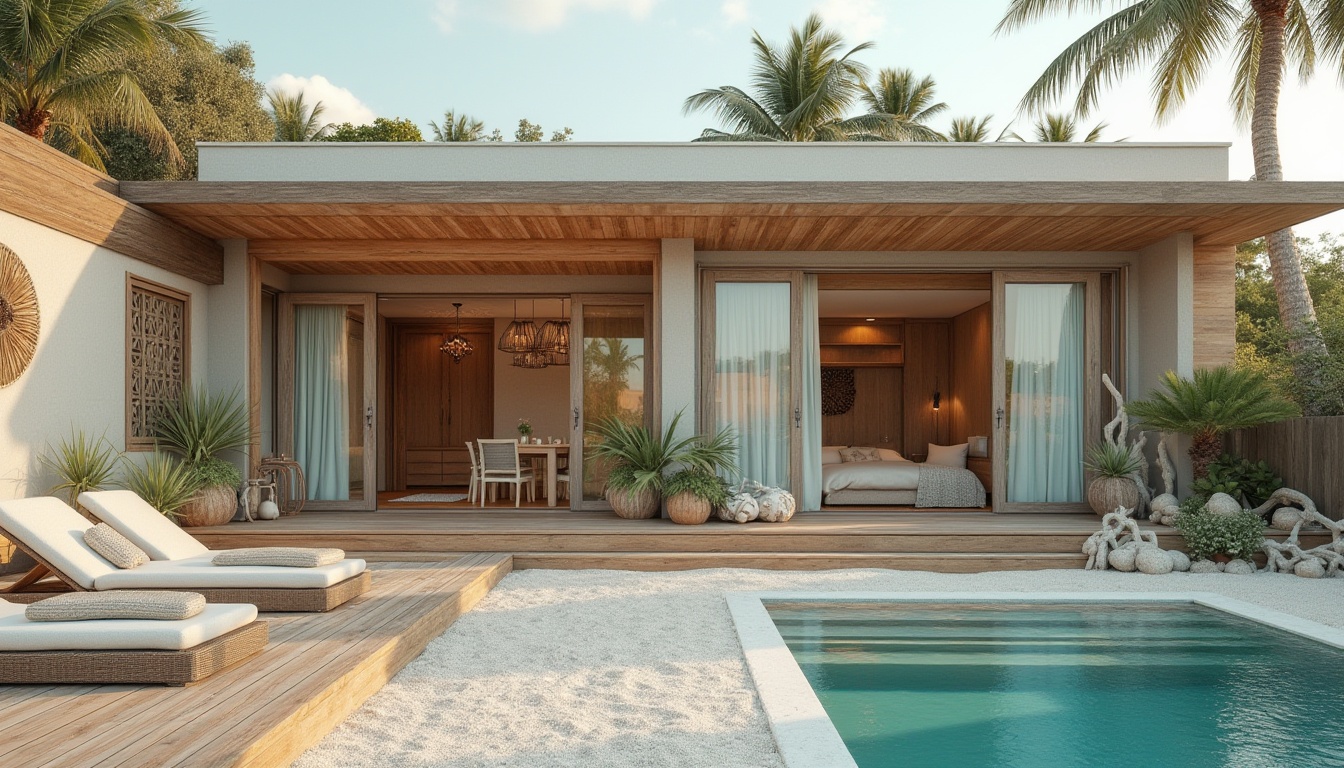 Prompt: Coastal beach house, rustic wooden decks, driftwood accents, nautical ropes, sandy dunes, seashell decorations, ocean-inspired color palette, turquoise hues, coral patterns, wavy lines, minimal ornamentation, functional simplicity, natural ventilation, large windows, sliding glass doors, open-plan living area, cantilevered roofs, wooden shutters, textured stucco walls, beachy ambiance, warm sunny day, soft golden lighting, shallow depth of field, 1/1 composition, realistic textures, ambient occlusion.