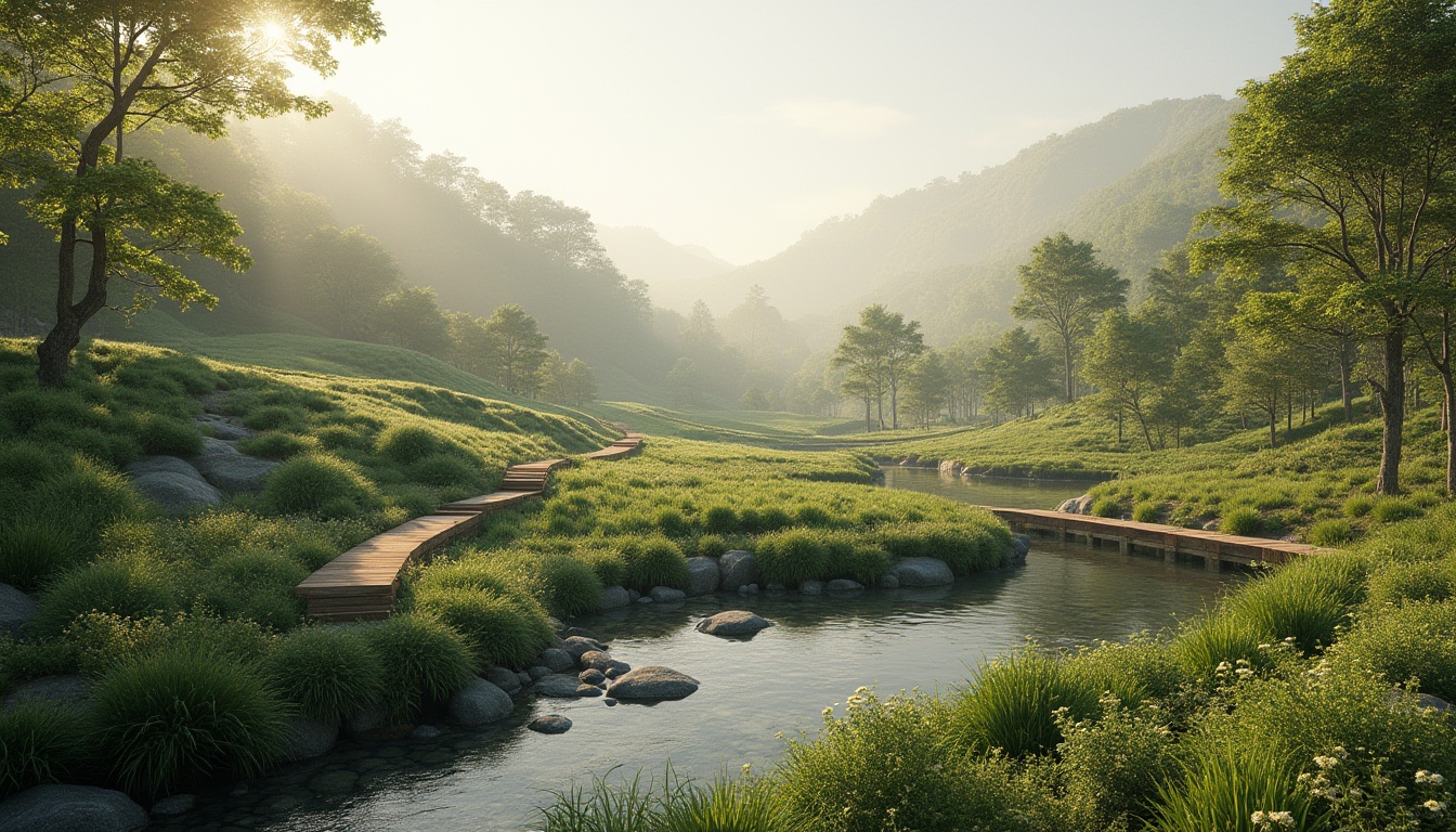 Prompt: Seamless landscape integration, harmonious natural surroundings, rolling hills, lush greenery, serene water features, walking trails, wooden bridges, eco-friendly materials, sustainable design solutions, native plant species, organic textures, earthy color palette, warm sunlight, soft mist, gentle breeze, 3/4 composition, shallow depth of field, realistic ambient occlusion.