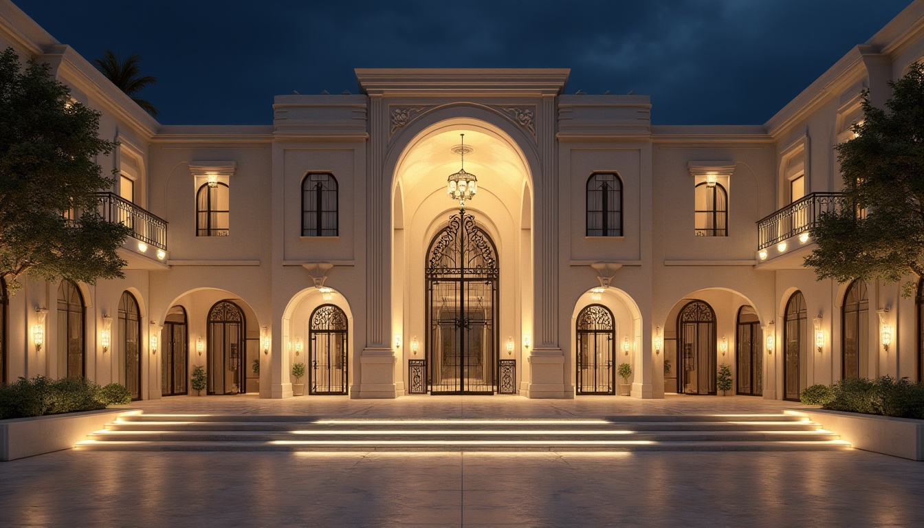 Prompt: Grand entrance, ornate gates, symmetrical columns, majestic arches, elegant balustrades, neutral color palette, luxurious materials, marble cladding, glass canopies, modernist architecture, clean lines, minimalist ornamentation, subtle texture variations, dramatic nighttime illumination, warm golden lighting, shallow depth of field, 1/1 composition, realistic reflections, ambient occlusion.