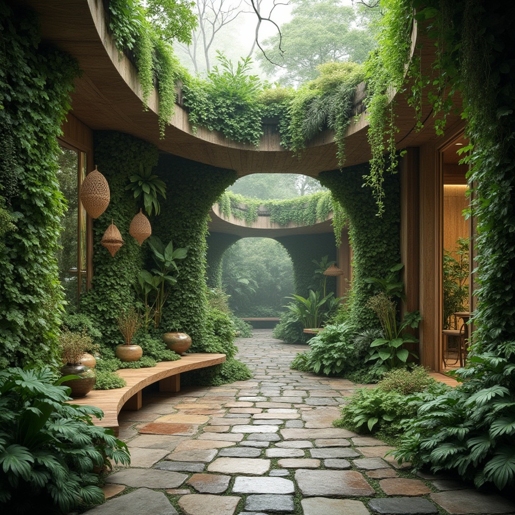 Prompt: Lush green walls, living roofs, natural stone floors, reclaimed wood accents, organic shapes, curved lines, earthy tones, vibrant plants, blooming flowers, tropical forests, misty mornings, soft diffused lighting, shallow depth of field, 1/2 composition, intimate scale, cozy nooks, nature-inspired patterns, woven textiles, earth-friendly materials, sustainable systems, rainwater harvesting, green infrastructure, serene atmosphere, calming ambiance.