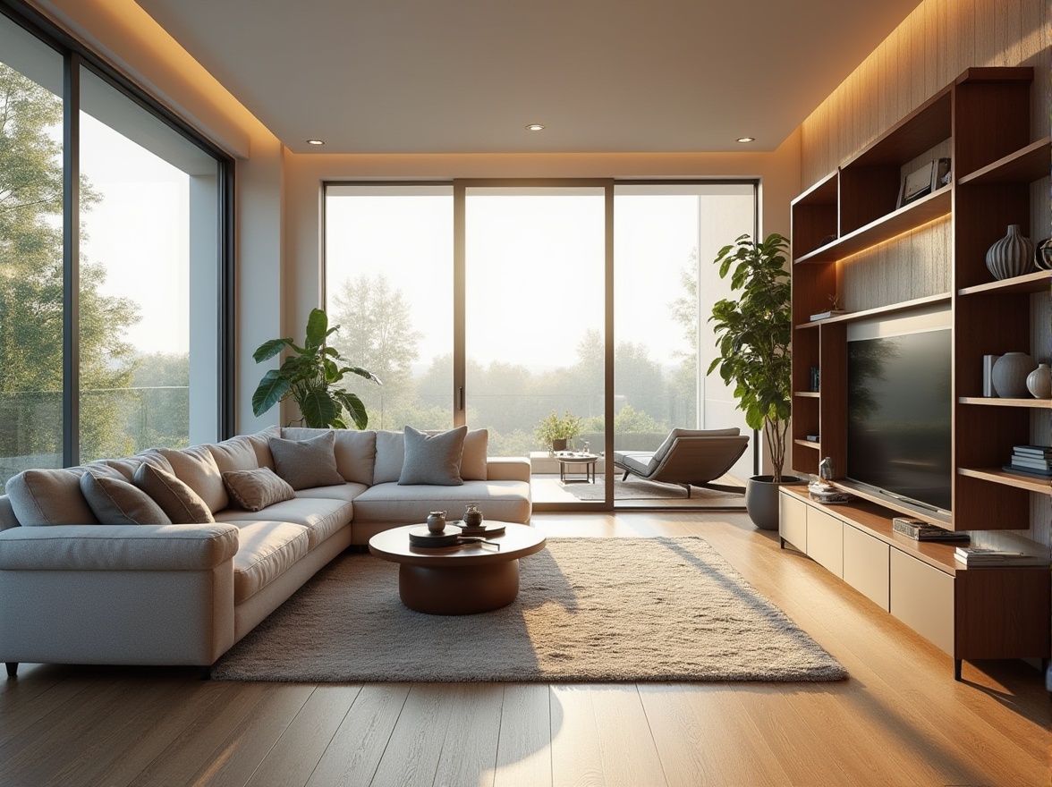 Prompt: Modern living room, sleek furniture, minimalist decor, large windows, natural light, functional layout, open-plan design, comfortable seating area, wooden flooring, subtle textures, soft warm lighting, 1/1 composition, shallow depth of field, realistic reflections, ambient occlusion, cozy reading nook, floor-to-ceiling shelves, decorative vases, greenery accents, task-oriented workspaces.