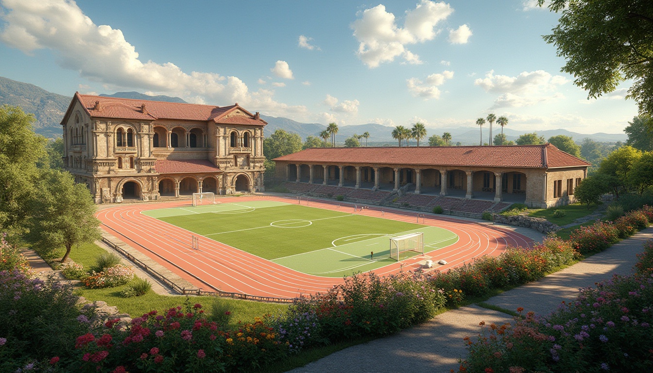 Prompt: Rustic sports stadium, ancient Romanesque fa\u00e7ade, arched windows, ornate columns, stone carvings, grand entrance, red terra cotta roofing, lush greenery, vibrant flowers, athletic track, soccer field, tennis courts, basketball hoops, spectator seating, sunny day, warm golden lighting, soft shadows, 3/4 composition, panoramic view, realistic textures, ambient occlusion.