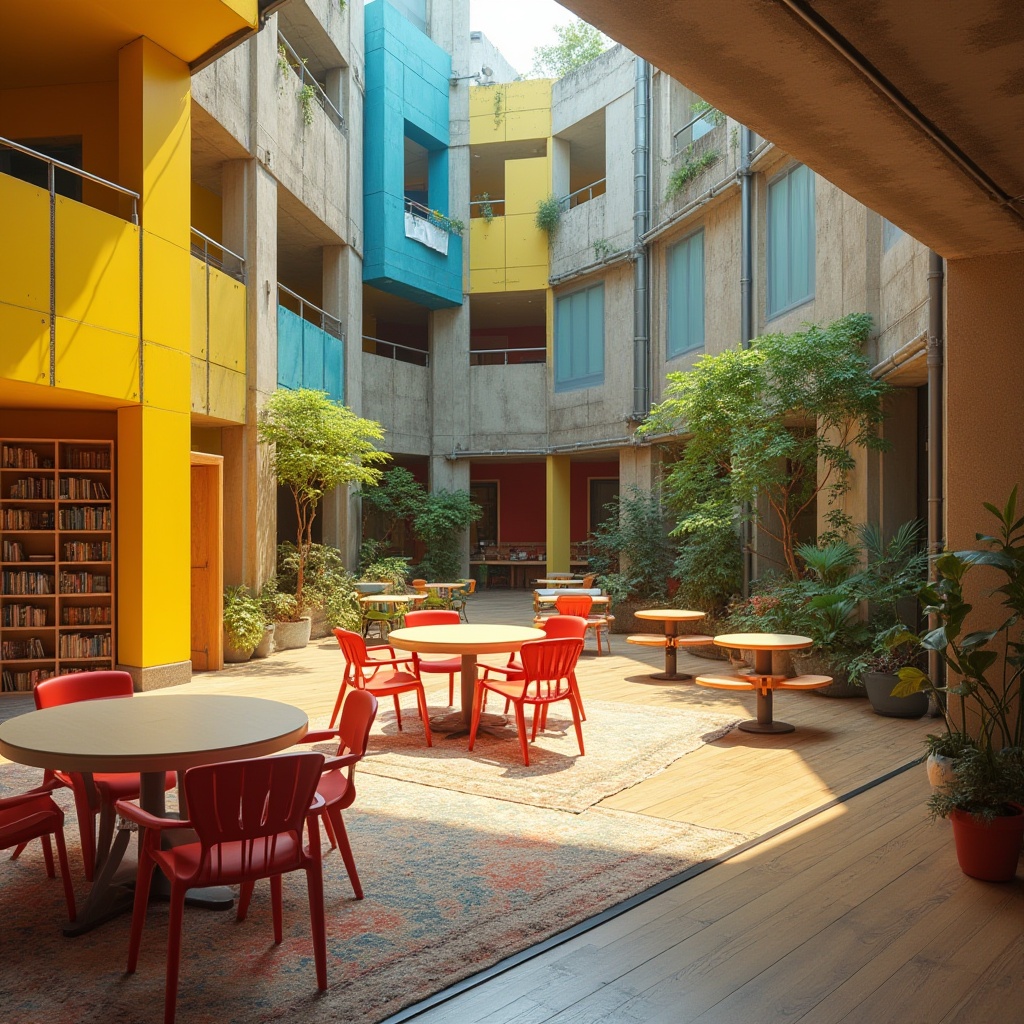 Prompt: Vibrant community center, warm yellow walls, bold blue accents, playful red furniture, lush green courtyards, modern brutalist architecture, raw concrete textures, industrial metal beams, cozy reading nooks, natural wood flooring, eclectic patterned rugs, sunny atriums, soft warm lighting, shallow depth of field, 1/1 composition, realistic renderings, ambient occlusion.