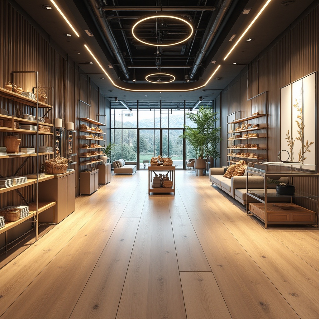 Prompt: Modern retail store, open-plan layout, minimal obstacles, efficient customer flow, circular pathways, clear signage, ample natural light, polished wooden floors, sleek metal shelving, adjustable display racks, comfortable seating areas, warm color scheme, soft ambient lighting, shallow depth of field, 3/4 composition, panoramic view, realistic textures, ambient occlusion.