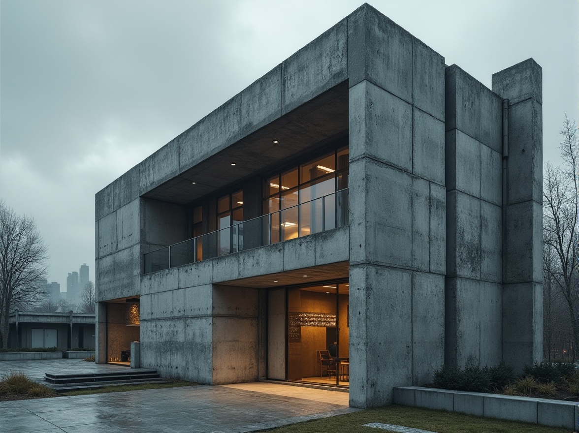 Prompt: Rugged research center, brutalist architecture, raw concrete exterior, exposed ductwork, industrial-style pipes, metallic accents, geometric shapes, angular lines, minimalist decor, urban surroundings, cityscape views, cloudy overcast skies, dramatic shading, high-contrast lighting, cinematic composition, 2.35