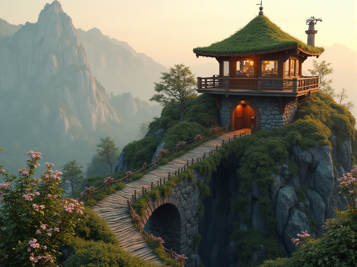 Prompt: Watchtower with rustic stone walls, lush green roofs, blooming wildflowers, winding stairs, wooden bridges, serene mountain backdrop, misty atmosphere, warm golden lighting, soft focus, shallow depth of field, 3/4 composition, panoramic view, realistic textures, ambient occlusion, natural wood accents, earthy tones, organic forms, harmonious integration with surroundings, minimalist decor, observation decks, binoculars, telescopes, stargazing, sunset views.