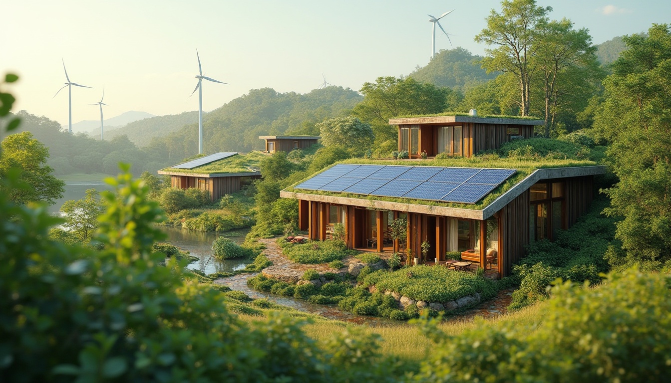 Prompt: Eco-friendly buildings, green roofs, solar panels, wind turbines, water conservation systems, sustainable energy solutions, natural ventilation, recycled materials, minimalist design, organic shapes, earthy tones, lush vegetation, serene atmosphere, shallow depth of field, 3/4 composition, soft warm lighting, panoramic view, realistic textures, ambient occlusion.