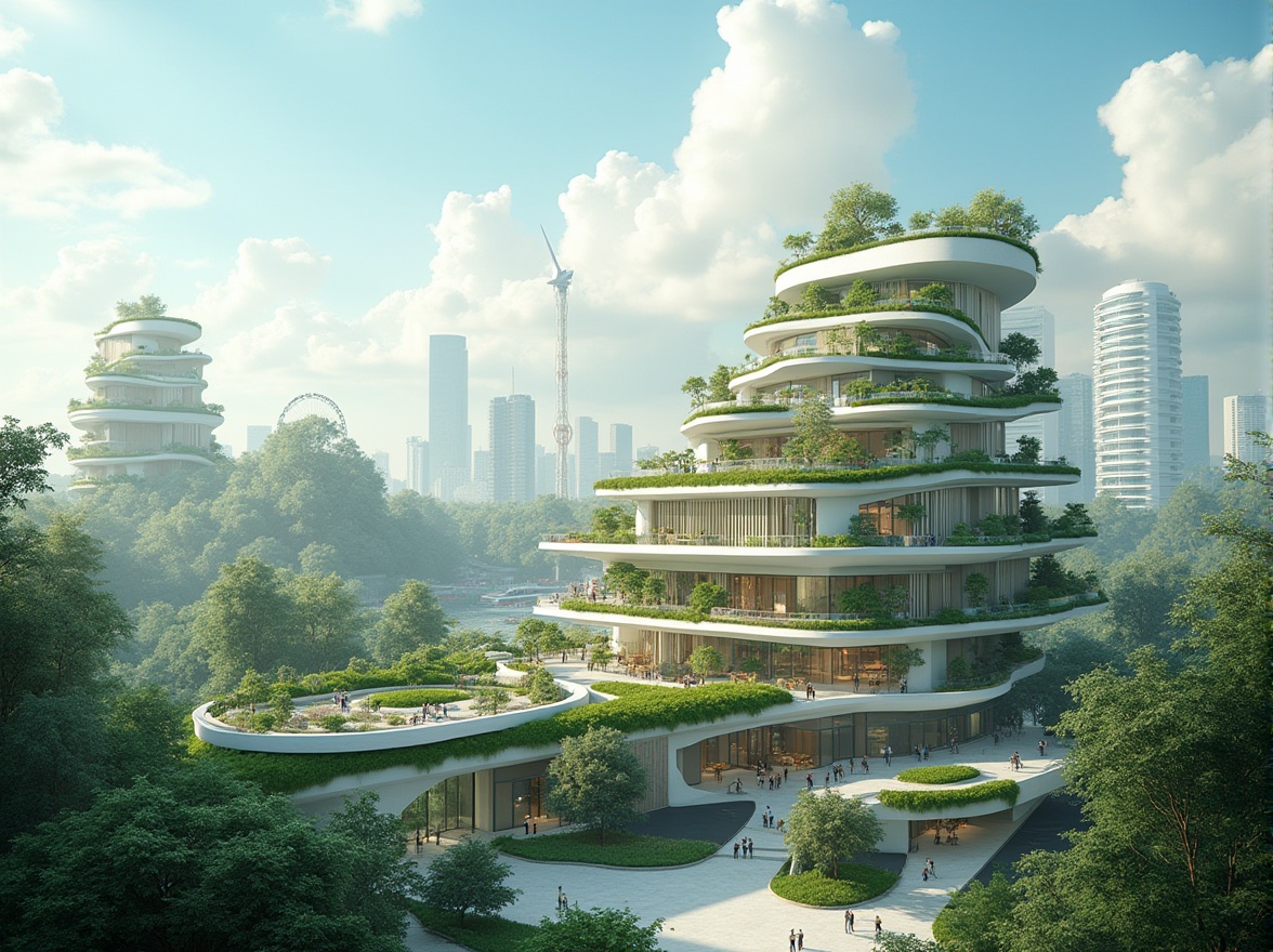 Prompt: Eco-friendly buildings, green roofs, solar panels, wind turbines, water conservation systems, recycled materials, minimalist design, natural ventilation, abundant daylight, living walls, urban gardens, vibrant plant life, modern architecture, angular lines, curved shapes, innovative cooling technologies, shaded outdoor spaces, misting systems, sustainable energy solutions, reduced carbon footprint, futuristic cityscape, cloudy blue sky, soft warm lighting, shallow depth of field, 3/4 composition, panoramic view, realistic textures, ambient occlusion.