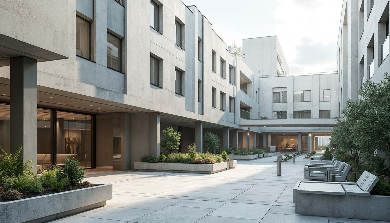 Prompt: Minimalist hospital facade, rectangular shapes, clean lines, industrial materials, steel beams, concrete walls, large glass windows, open courtyards, geometric planters, succulent gardens, modern sculptures, abstract artwork, functional outdoor spaces, accessibility ramps, wheelchair-friendly paths, shaded seating areas, natural stone flooring, urban cityscape backdrop, cloudy sky, soft diffused lighting, 1/1 composition, realistic textures, ambient occlusion.Please let me know if this meets your expectations!