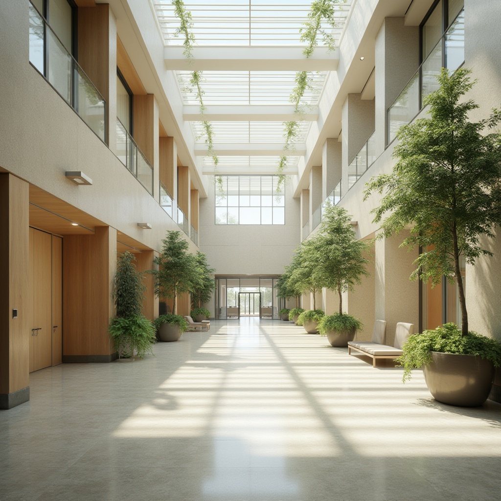 Prompt: Spacious hospital lobby, high ceilings, clerestory windows, natural stone floors, abundant greenery, living walls, large skylights, diffused soft lighting, minimal shading devices, reflective surfaces, optimized floor plans, patient-centered design, calming color schemes, warm beige tones, serene atmosphere, recovery-focused ambiance, modern medical equipment, sleek metal accents, minimalist decor, subtle texture variations, gentle curves, 1/1 composition, shallow depth of field, panoramic view, realistic textures, ambient occlusion.