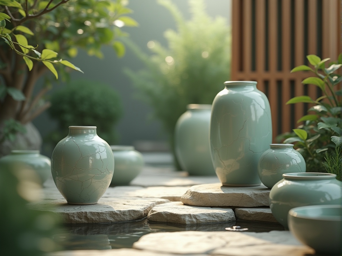 Prompt: Celadon-hued ceramics, soft muted tones, subtle crackle textures, delicate Asian-inspired motifs, elegant vases, serene water features, natural stone pathways, lush greenery, peaceful ambiance, warm diffused lighting, shallow depth of field, 1/1 composition, realistic reflections, ambient occlusion.