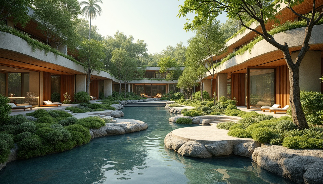 Prompt: Seamless landscape integration, organic curves, natural stone walls, lush green roofs, native plant species, meandering walkways, serene water features, wooden decking, eco-friendly materials, sustainable design, minimal visual impact, blending with surroundings, panoramic views, warm soft lighting, shallow depth of field, 3/4 composition, realistic textures, ambient occlusion.