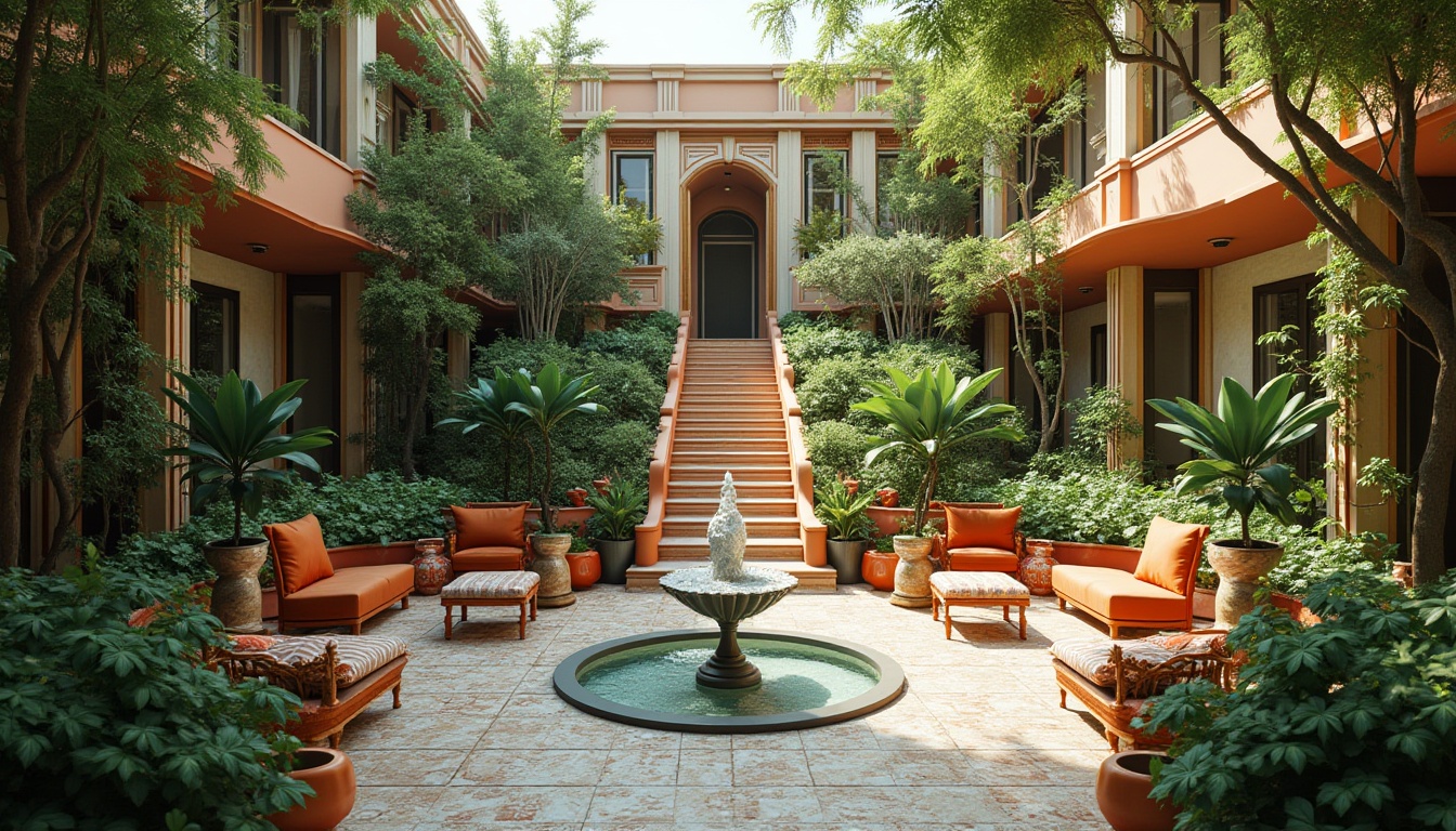 Prompt: Geometric gardens, lush greenery, tropical plants, vibrant flowers, ornate fountains, grand staircases, symmetrical walkways, Deco-inspired sculptures, metallic accents, luxurious outdoor furniture, bold color schemes, intricate mosaics, sun-kissed courtyards, warm ambient lighting, shallow depth of field, 1/1 composition, panoramic view, realistic textures, ambient occlusion.