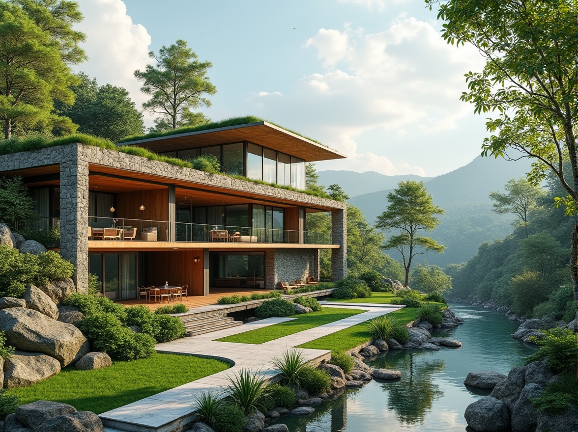 Prompt: Harmonious landscape integration, natural stone walls, lush green roofs, water features, walking trails, scenic overlooks, modern architectural design, curved lines, cantilevered structures, large windows, sliding glass doors, minimalist interior decor, warm natural lighting, 3/4 composition, shallow depth of field, panoramic view, realistic textures, ambient occlusion.