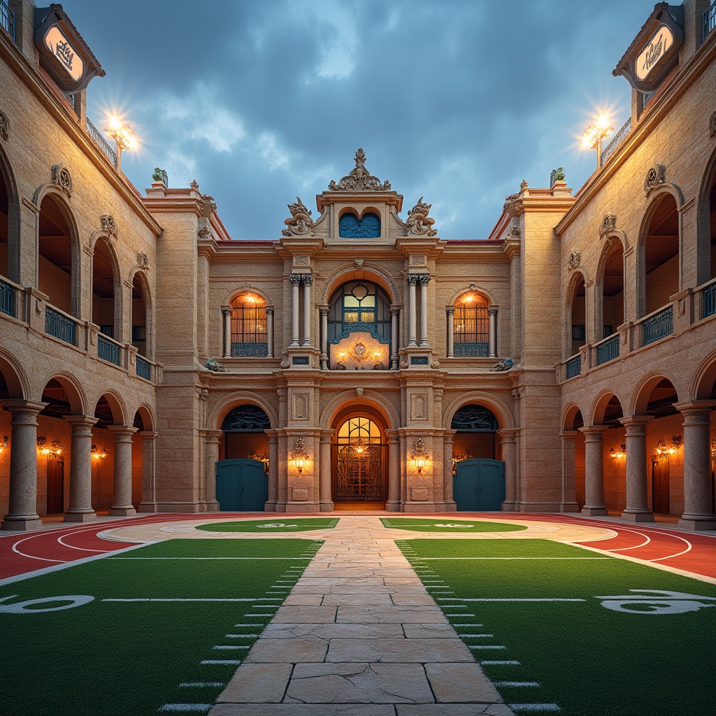 Prompt: Rustic sports stadium, Romanesque arches, ornate stone carvings, grand entrance gates, decorative metalwork, vibrant team colors, lush green turf, athletic tracks, professional lighting systems, imposing brick fa\u00e7ade, curved colonnades, ornamental fountains, Mediterranean-inspired tile work, warm beige stonework, dramatic evening lighting, 1/1 composition, symmetrical architecture, realistic stone textures, ambient occlusion.