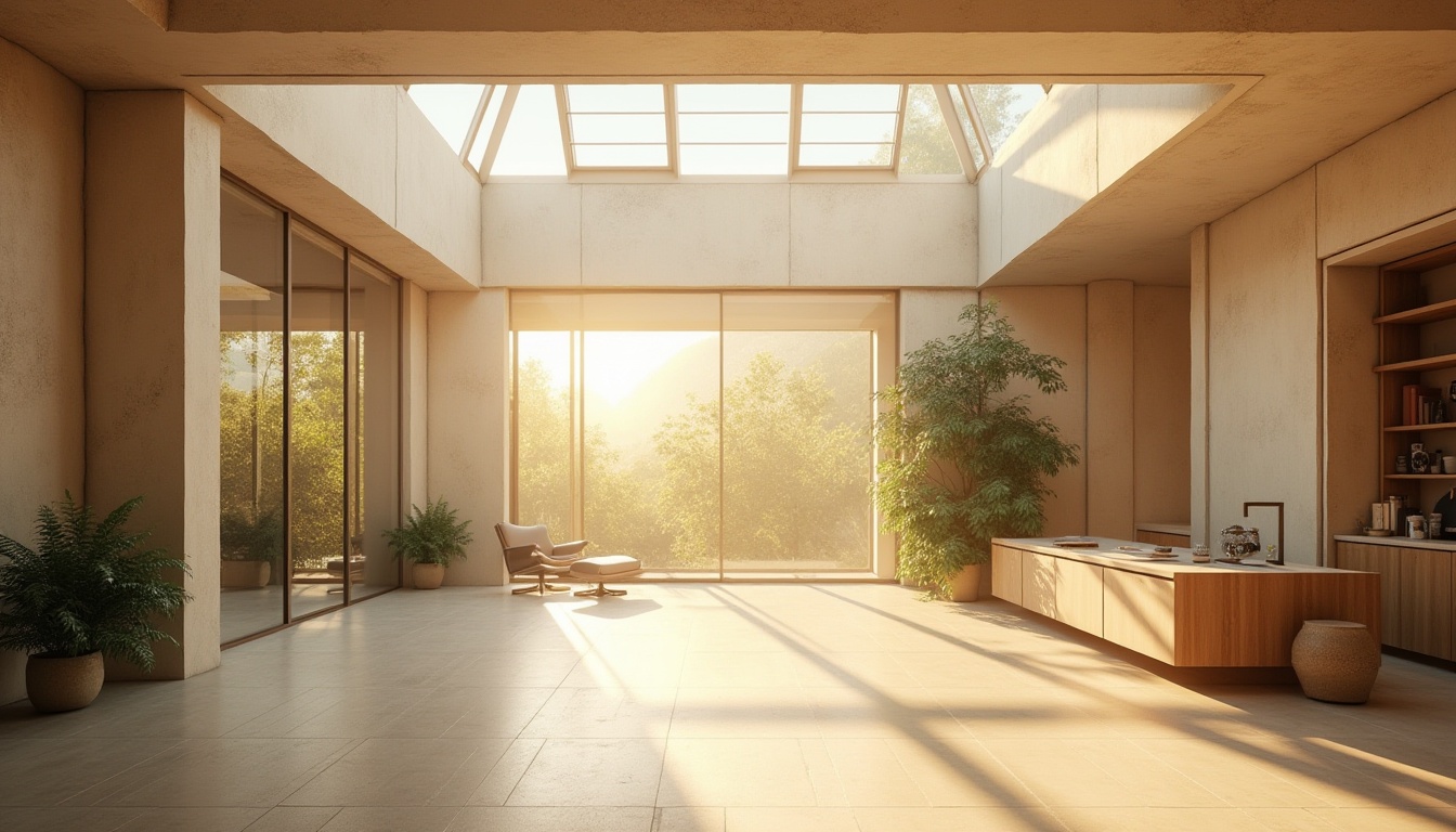 Prompt: Soft warm daylight, large windows, glass roofs, skylights, clerestory windows, transparent doors, minimal window frames, reflective surfaces, light-filled interior spaces, airy atmosphere, natural ventilation, organic textures, earthy tones, calming ambiance, morning sunbeams, afternoon soft glow, warm color palette, gentle shadows, subtle gradations, realistic rendering, ambient occlusion.