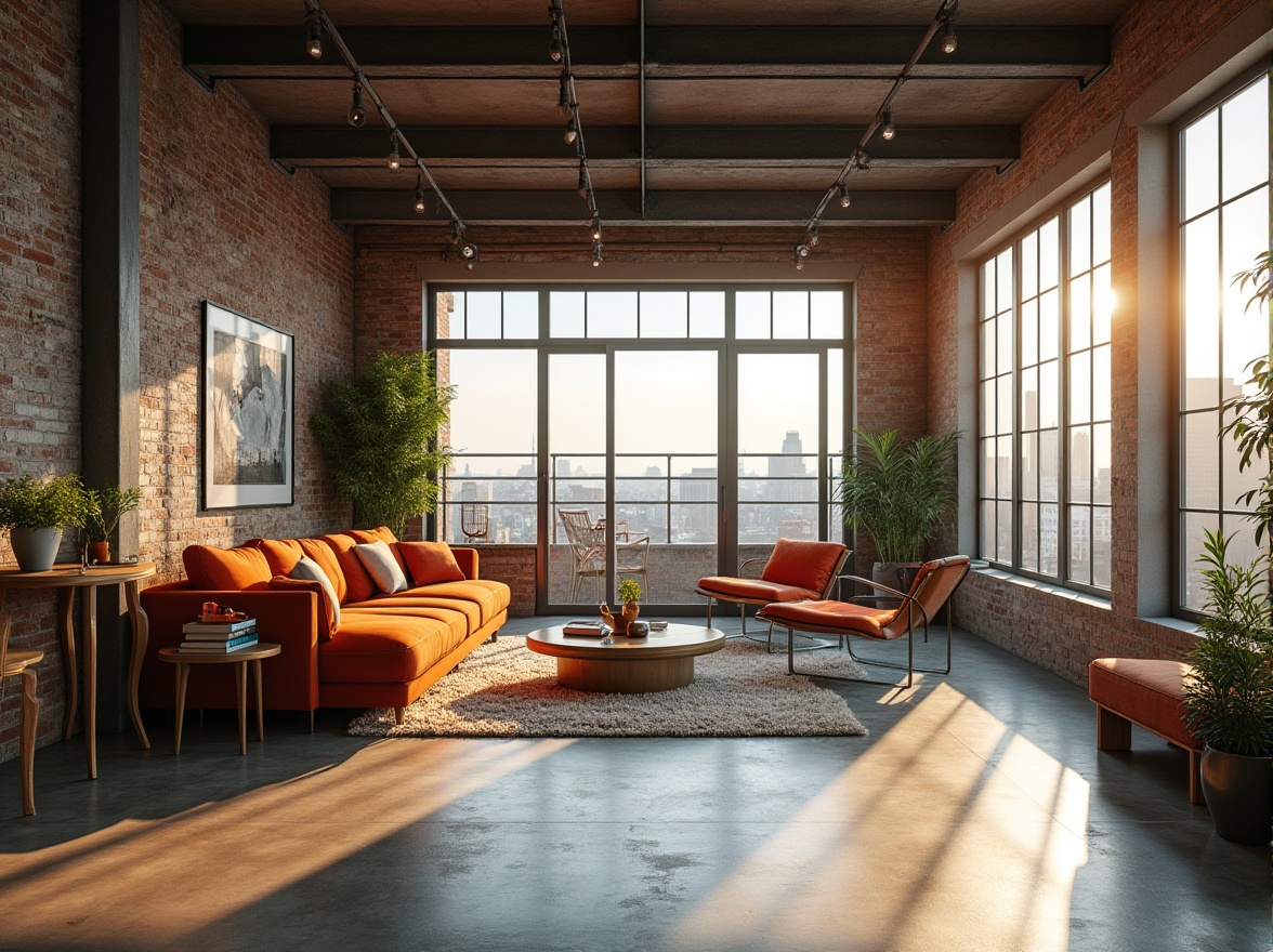 Prompt: Industrial-chic loft, exposed brick walls, steel beams, polished concrete floors, minimal ornamentation, functional simplicity, natural light pouring in, large windows, sliding glass doors, open-plan living, airy atmosphere, eclectic mix of vintage and modern furniture, bold color accents, geometric shapes, metallic tones, urban landscape views, city skyline, morning sunlight, soft warm lighting, shallow depth of field, 1/1 composition, panoramic view, realistic textures, ambient occlusion.