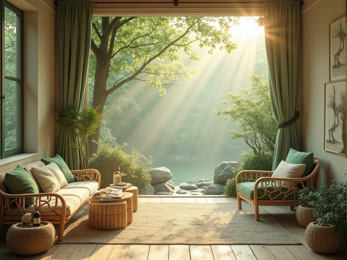 Prompt: Soft pale green hues, calming atmosphere, natural textures, woven baskets, rattan furniture, earthy tones, moss-covered stones, serene forest glade, warm sunlight filtering through trees, gentle mist, peaceful ambiance, organic shapes, minimalist decor, cream-colored accents, subtle wood grain patterns, cozy reading nook, plush green velvet upholstery, soft focus, shallow depth of field, 1/1 composition, intimate lighting.