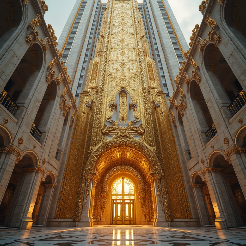 Prompt: Luxurious golden skyscraper, ornate metallic details, grandiose entrance, symmetrical architecture, opulent marble walls, intricate stone carvings, lavish balconies, sweeping arches, regal golden doors, vibrant cityscape, bustling streets, warm afternoon light, high contrast shadows, 1/2 composition, dramatic perspective, cinematic lighting, realistic reflections.