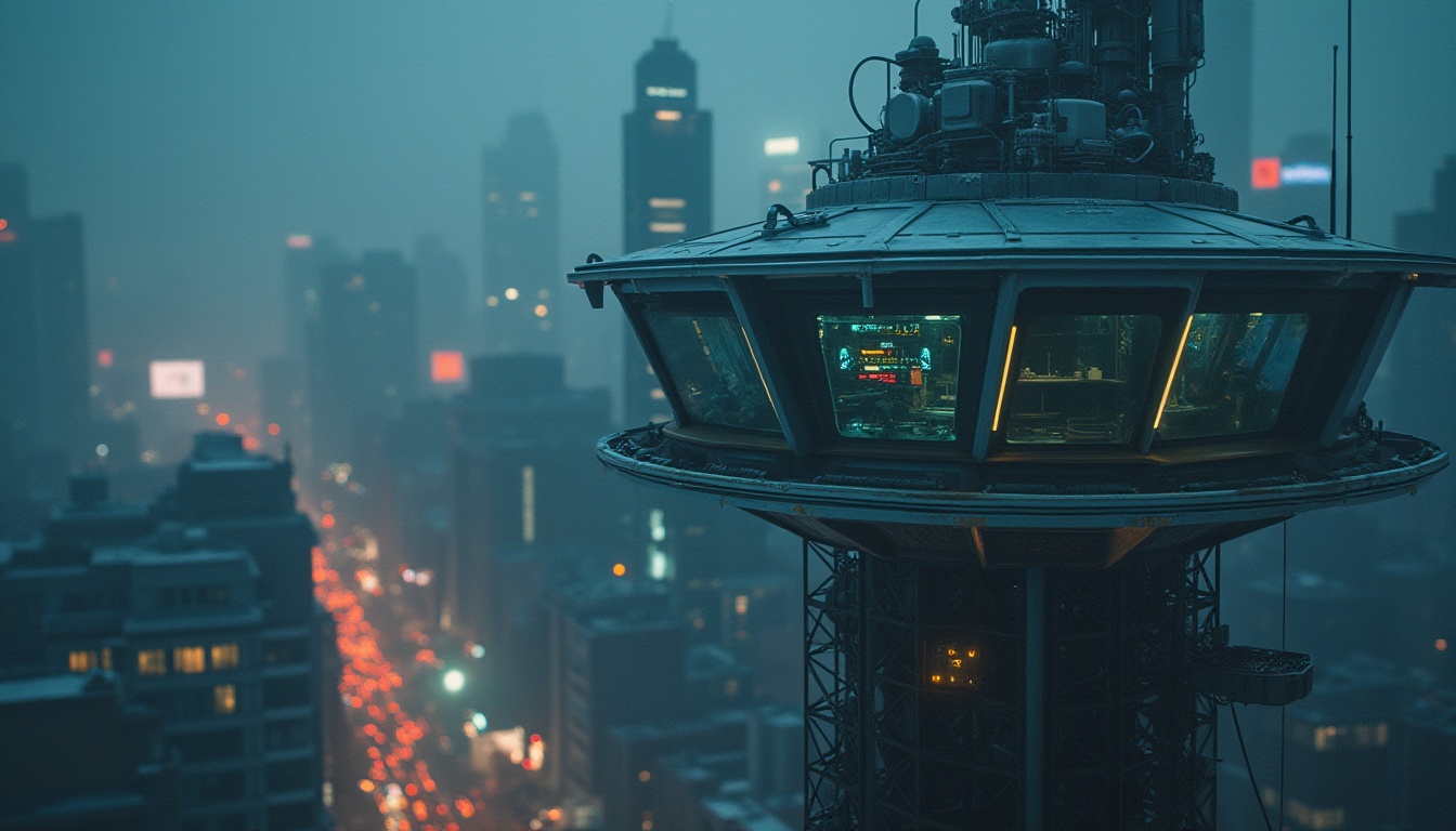 Prompt: Futuristic watchtower, sleek metallic facade, angular lines, LED lighting strips, modern surveillance systems, high-tech gadgetry, dark mysterious atmosphere, nighttime cityscape, bustling urban streets, towering skyscrapers, neon billboards, misty foggy weather, shallow depth of field, 1/1 composition, dramatic spotlighting, realistic reflections, ambient occlusion.