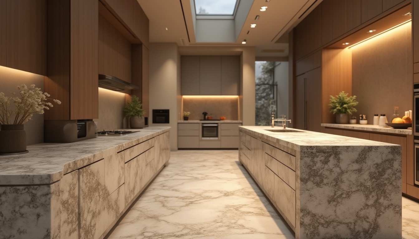 Prompt: Luxurious interior space, granite countertops, polished stone surfaces, high-gloss finishes, modern minimalist design, sleek cabinetry, stainless steel appliances, ambient warm lighting, shallow depth of field, 1/1 composition, realistic textures, natural patterns, earthy color palette, organic shapes, sophisticated elegance, refined simplicity.