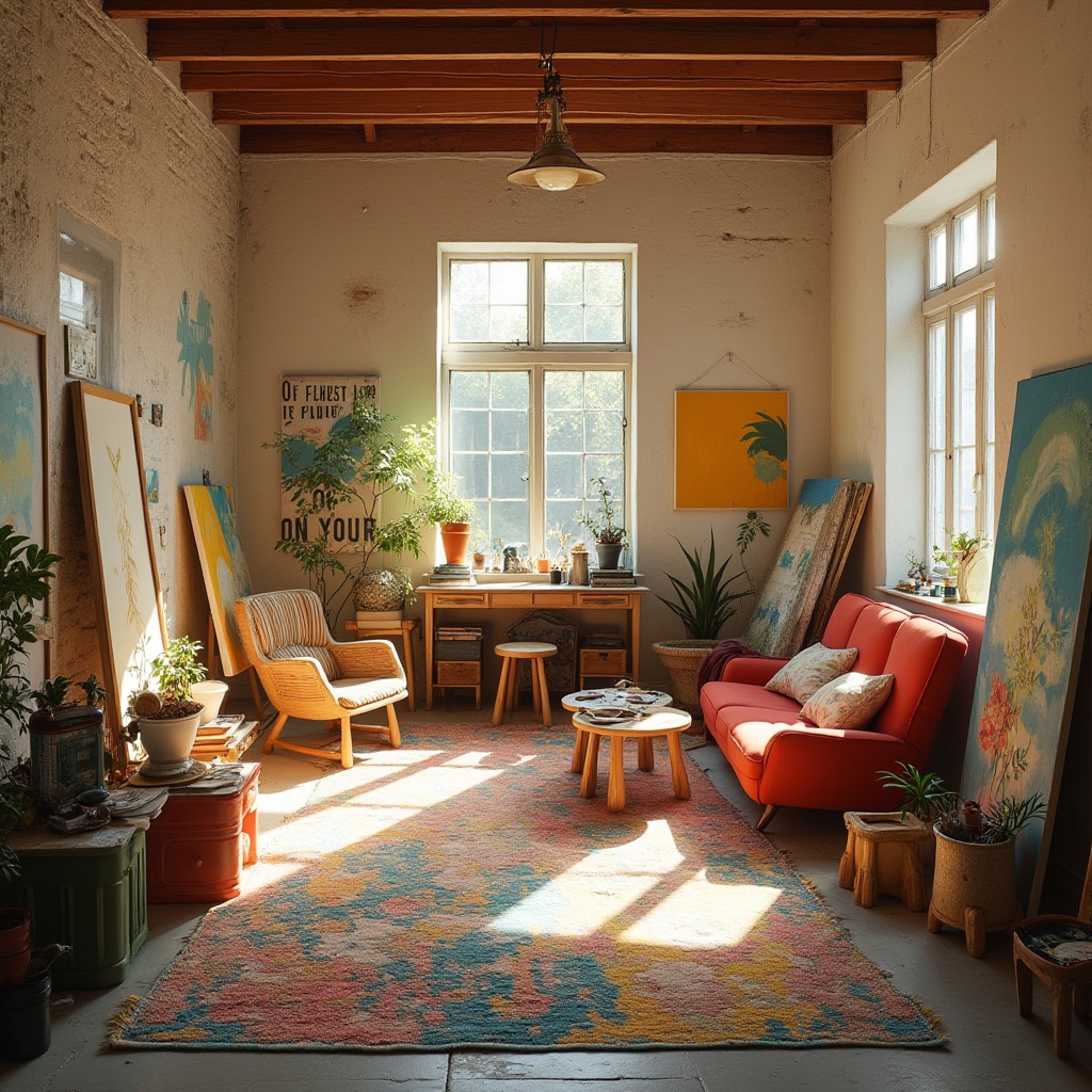 Prompt: Vibrant artistic studio, natural light pouring in, eclectic furniture, bold brushstrokes, abstract art pieces, colorful rugs, textured walls, modern easels, artistic supplies scattered, inspiring quotes, bohemian chic decor, warm earthy tones, rich wood accents, creamy whites, deep blues, energetic yellows, soft pastel hues, warm golden lighting, shallow depth of field, 1/1 composition, intimate atmosphere, realistic textures.