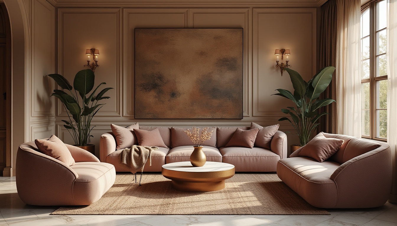 Prompt: Rich velvet fabrics, luxurious golden accents, soft cream walls, warm beige furniture, deep plum tones, subtle bronze metallic, earthy terracotta pots, natural woven textiles, creamy white marble, sophisticated charcoal grey, moody atmospheric lighting, shallow depth of field, 1/1 composition, realistic textures, ambient occlusion.