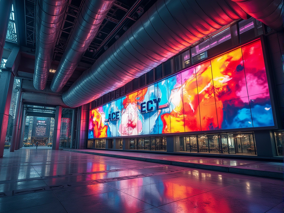 Prompt: Vibrant color palette, abstract geometric shapes, industrial materials, exposed ductwork, metallic structures, bold typography, urban cityscape, modern skyscrapers, sleek glass facades, asymmetrical compositions, dynamic diagonal lines, futuristic ambiance, high-contrast lighting, dramatic shadows, cinematic atmosphere, 1/1 composition, low-angle shot, realistic textures, ambient occlusion.