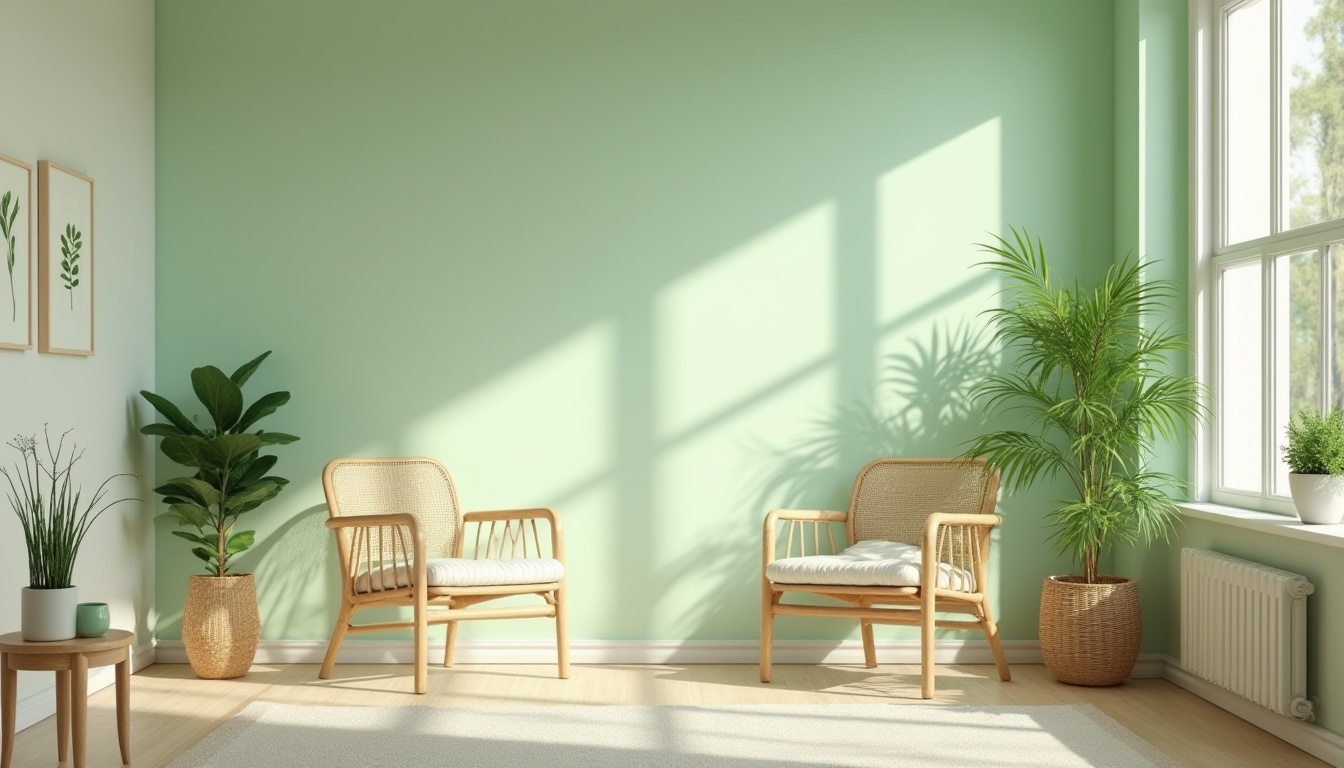 Prompt: Pastel green walls, soft mint accents, creamy white trim, natural wood furniture, woven wicker chairs, potted plants, botanical prints, minimalist decor, airy atmosphere, warm sunlight, gentle shadows, 1/1 composition, shallow depth of field, soft focus, vibrant textures, ambient occlusion.